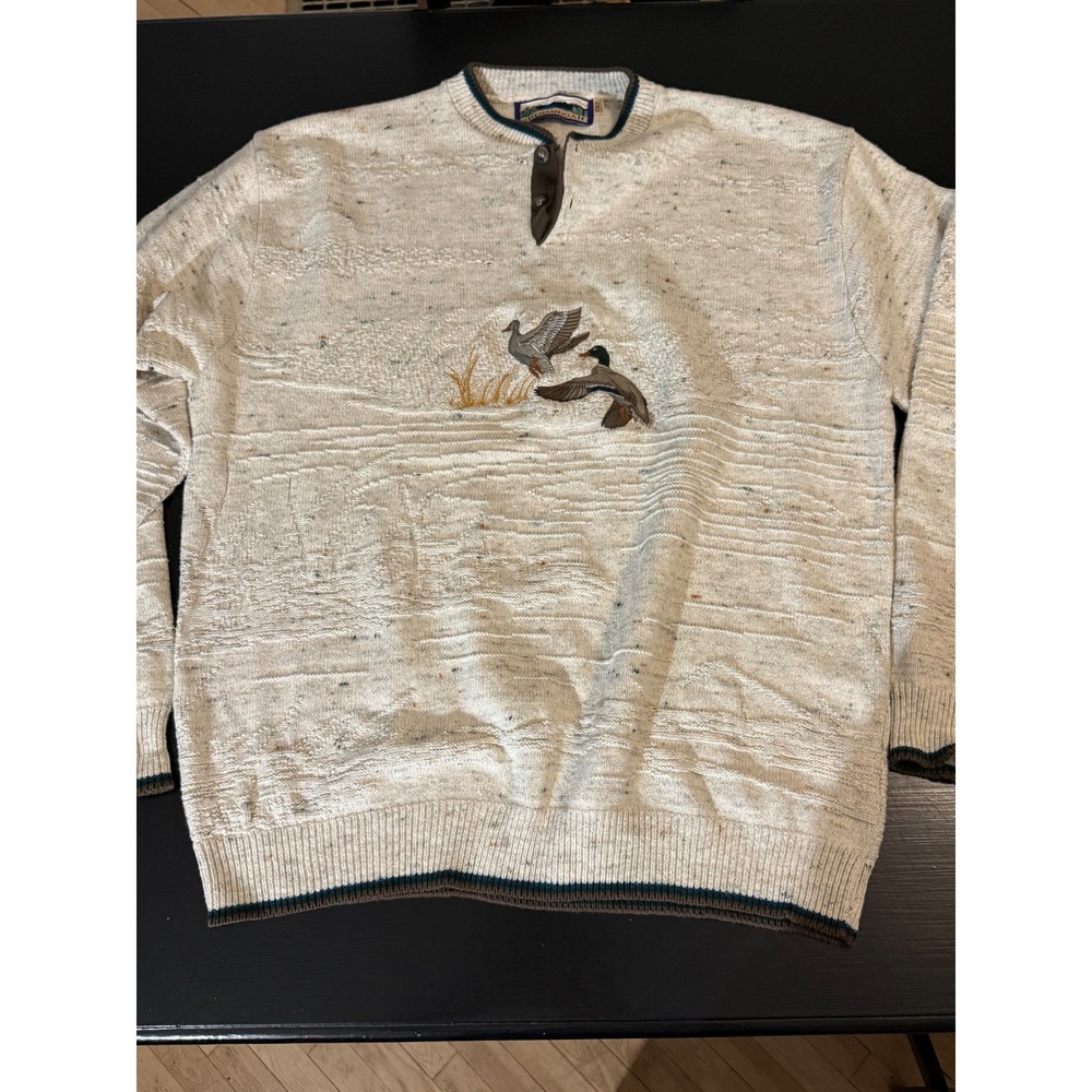 Shenandoah Vintage Mallard Duck Embroidered Henley Sweater Mens XXL Tall Oatmeal